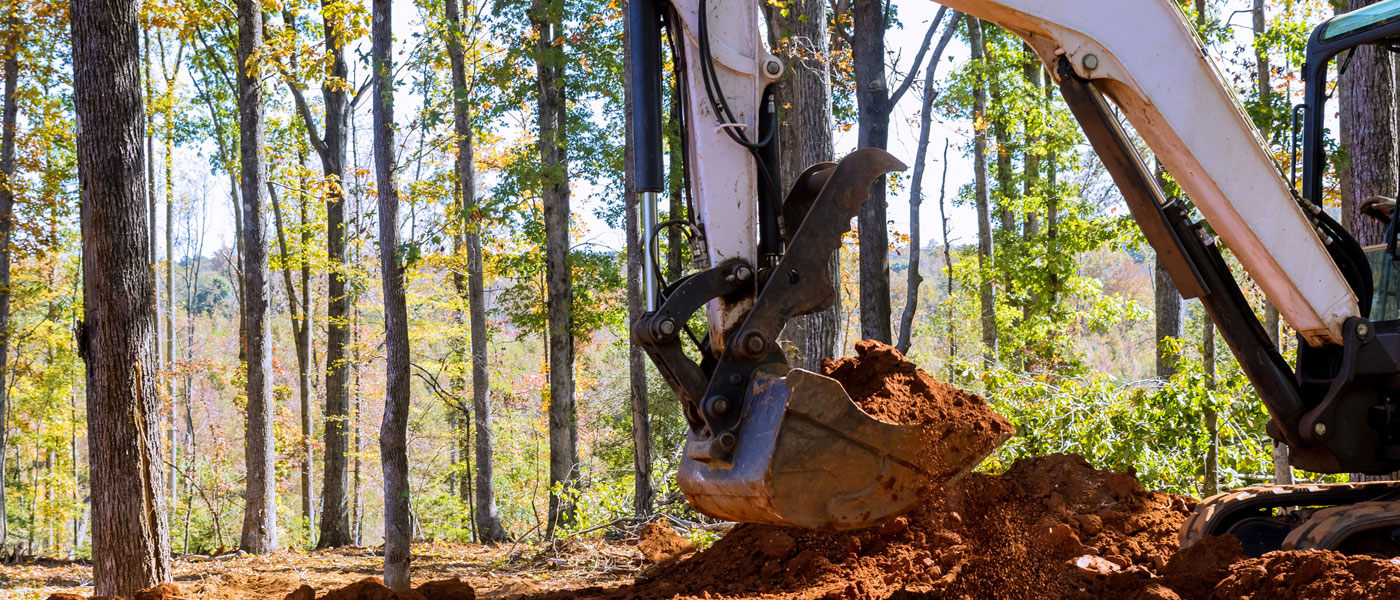 Excavator breaking ground.