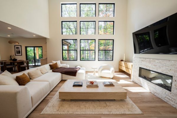 Woodhaven custom home Circleville Ohio living room with floor-to-ceiling windows