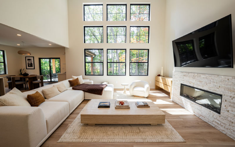 Woodhaven custom home Circleville Ohio living room with floor-to-ceiling windows